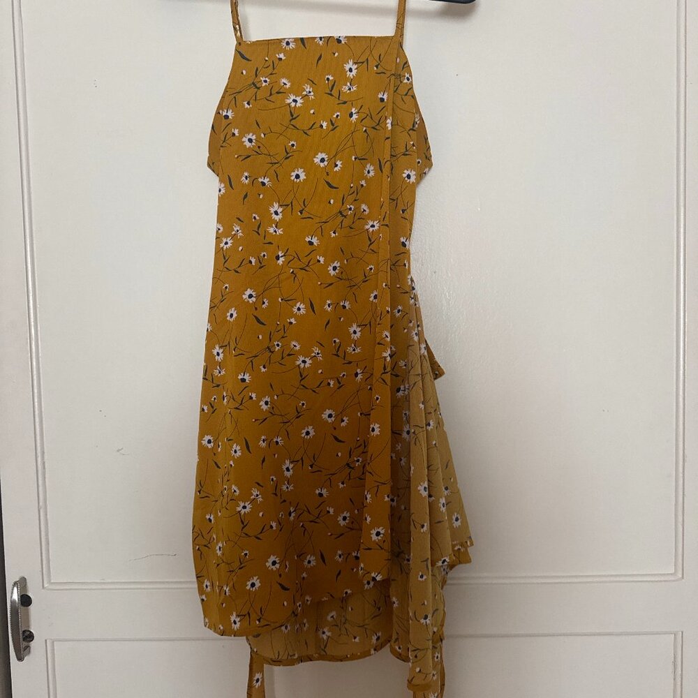 Mustard Floral Tie-Front Wrap Mini Dress – Size Small